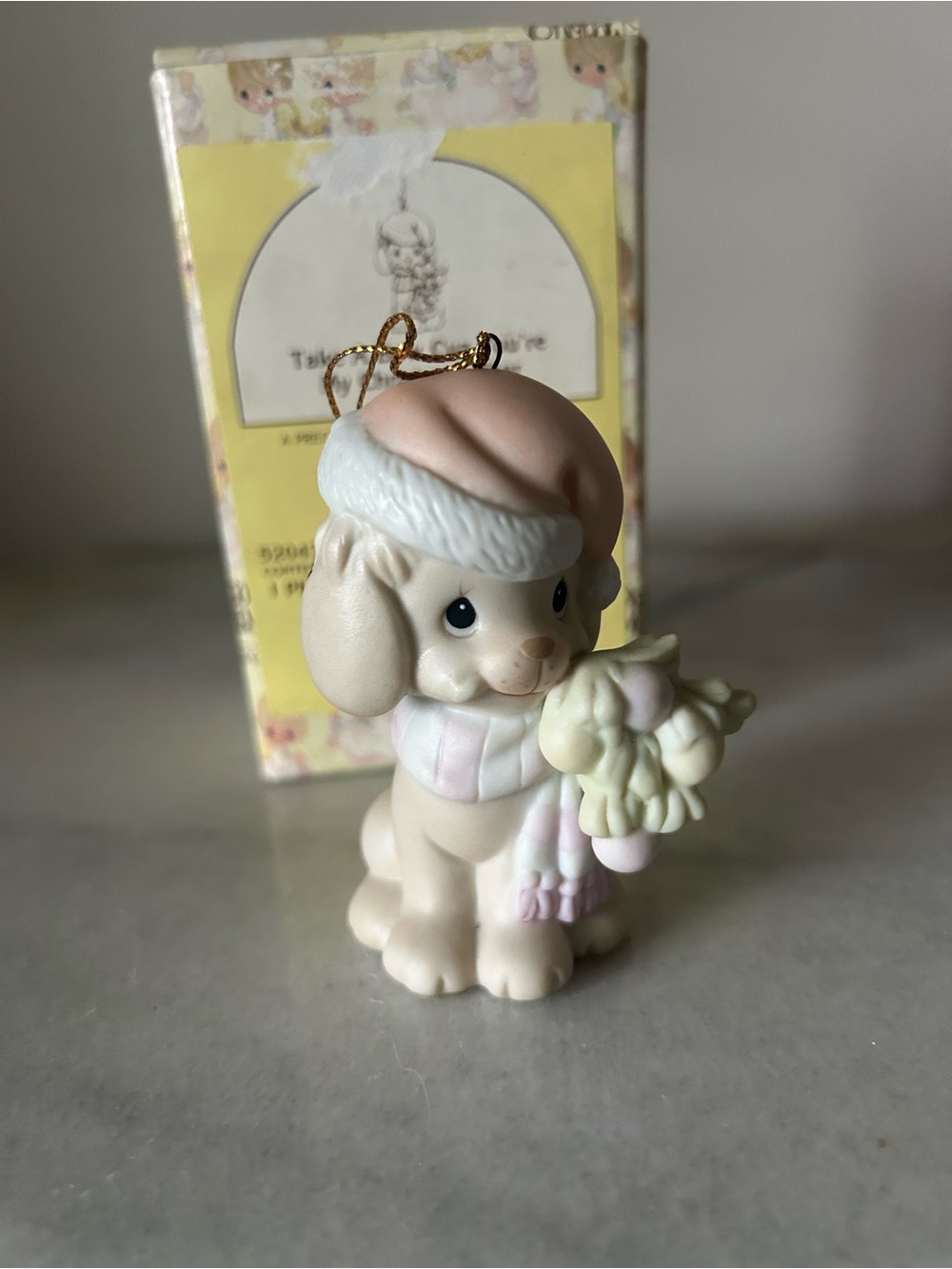 Precious Moments Cream Puppy Ornament with Pink Hat and Pastel Scarf